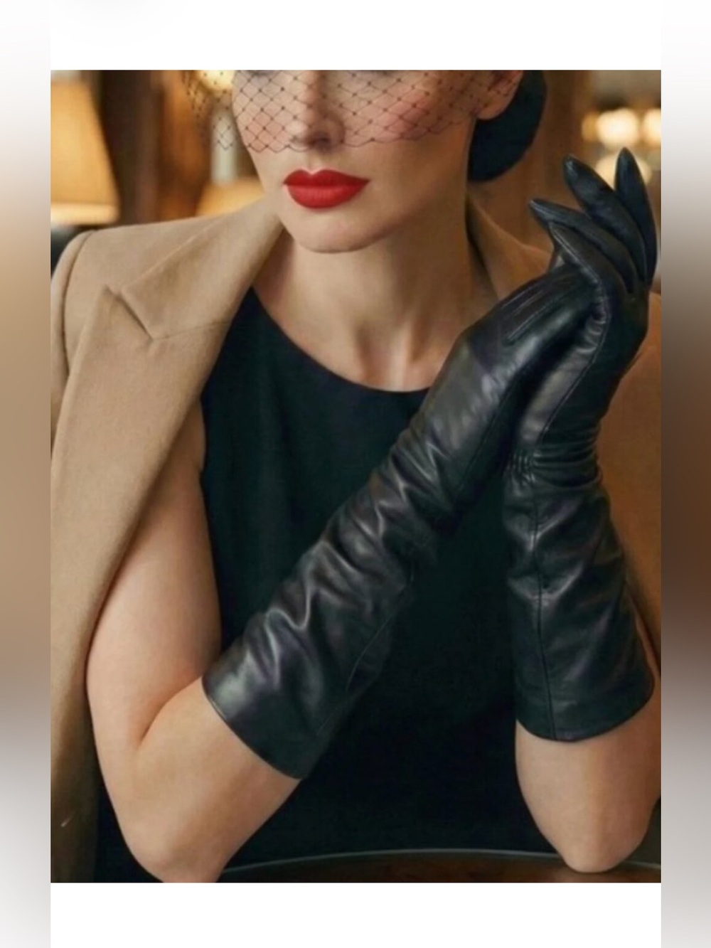 Portolano Long Black Genuine Leather Gloves Cashmere Lined Size 8 RN 68299